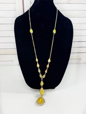Vintage QVC Iridescent Yellow Honey Teardrop Y Statement Necklace Gold Tone Long